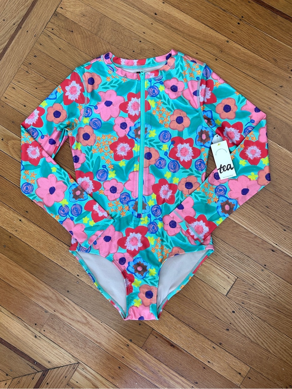 NWT Tea Collection Floral Long Sleeve One Piece Swimsuit Rashguard 12 Girl